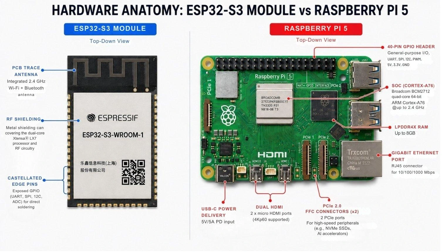 an esp32 s3 module and raspberry pi 5 board