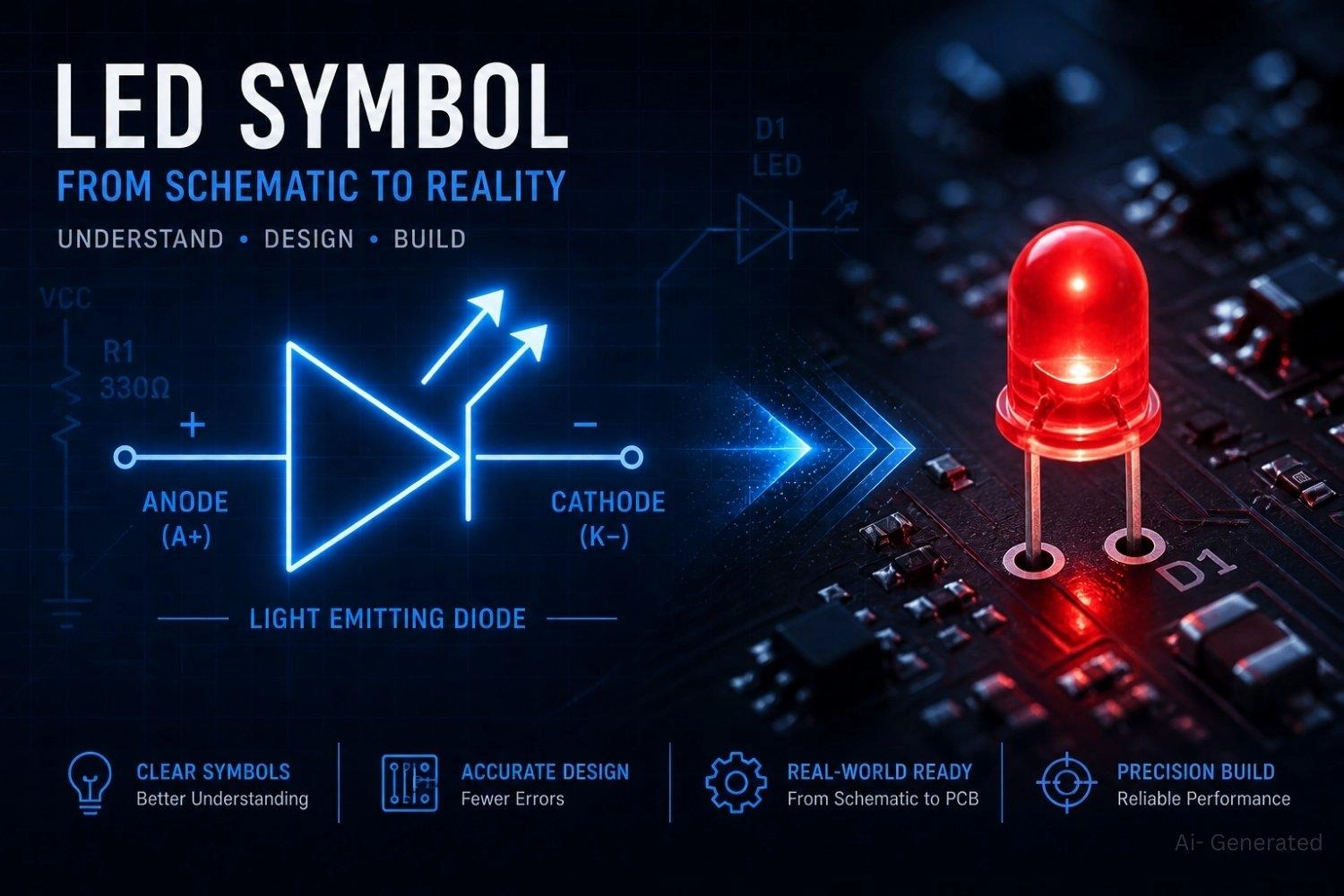 an led schematic symbol and a glowing physical led