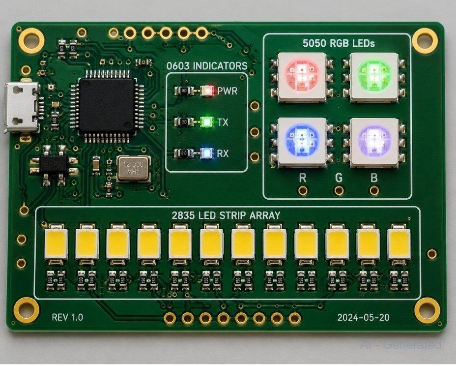 populated pcb showing three led package zones
