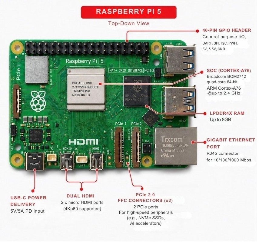 raspberry pi 5 single board computer with components