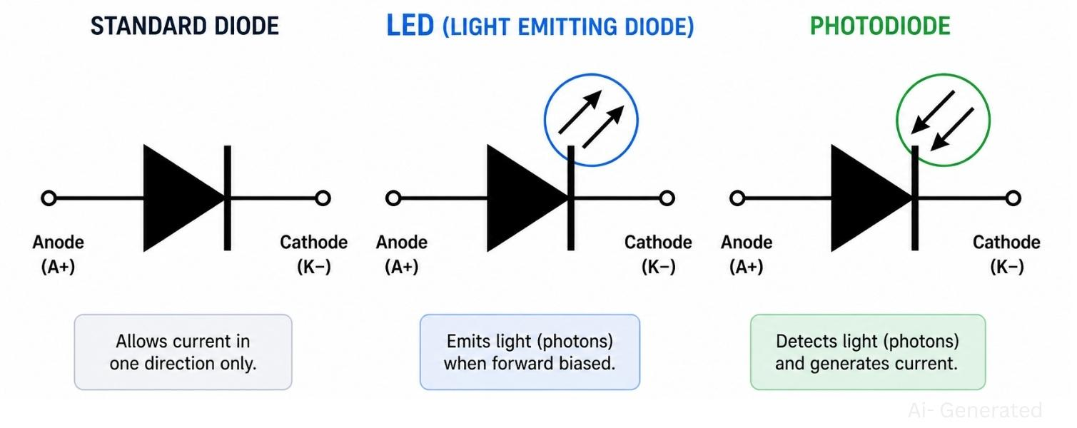 rectifier diode led and photodiode symbols comparison
