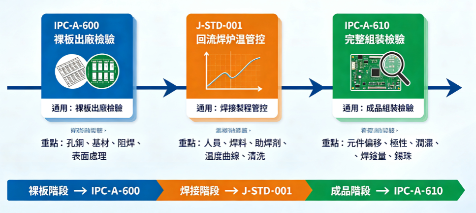 IPC-A-600、J-STD-001與IPC-A-610在製造流程中的管控階段示意圖