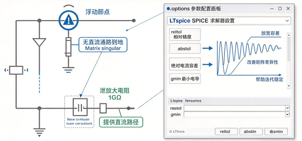 浮動節點故障與 LTspice 求解器選項的調整示意圖