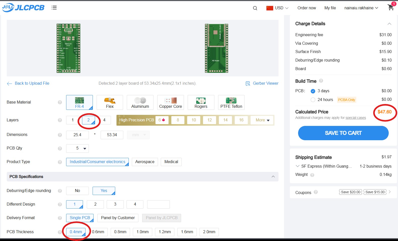 2-layer PCB with non-standard 0.4mm thickness cost