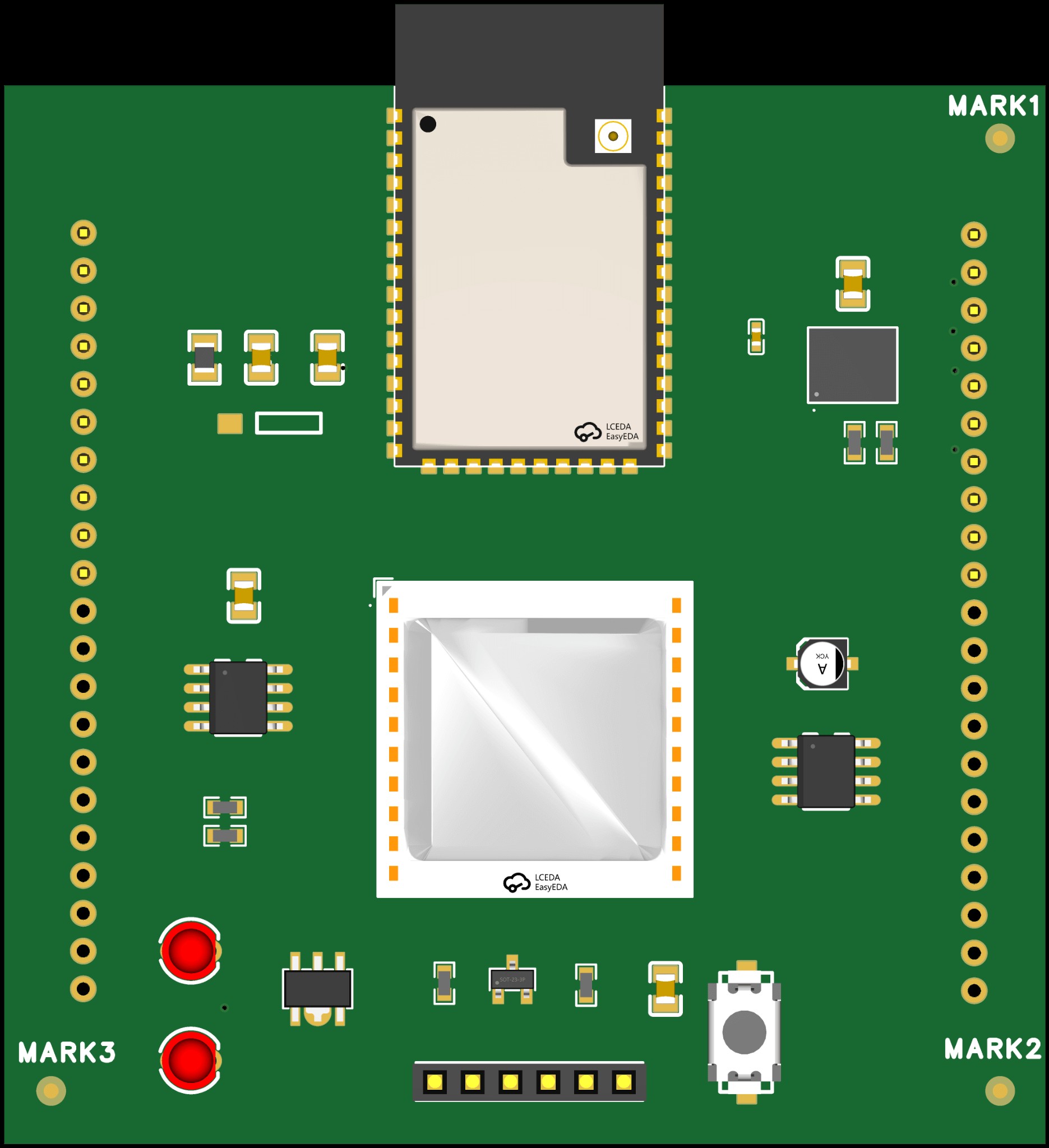 A PCB featuring three circular fiducial marks