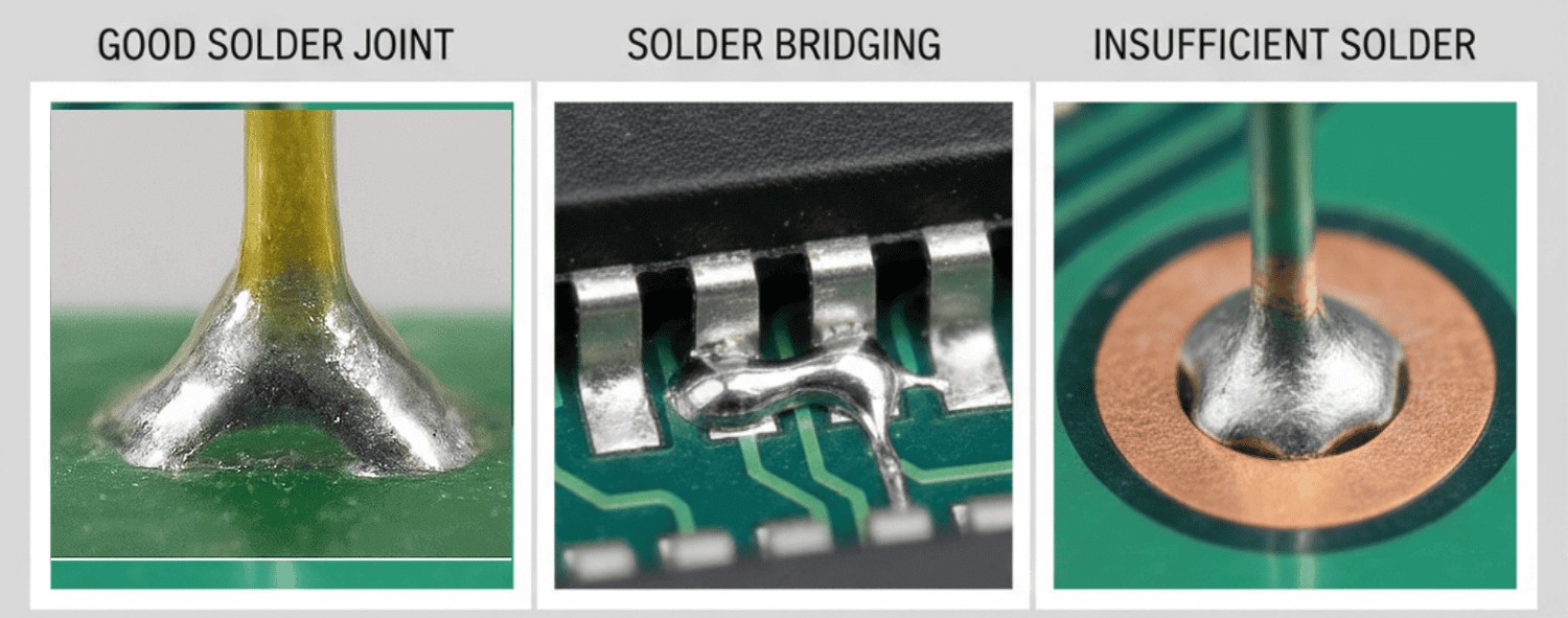 Comparison of a perfect SMT solder joint and common defects like solder bridging and insufficient solder on PCB