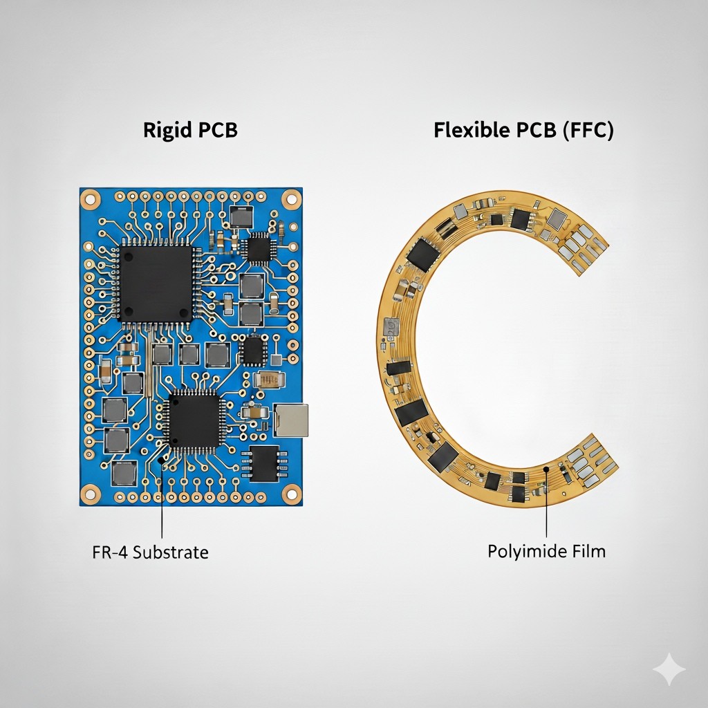 Comparison of a rigid FR-4 PCB and a flexible polyimide FPC