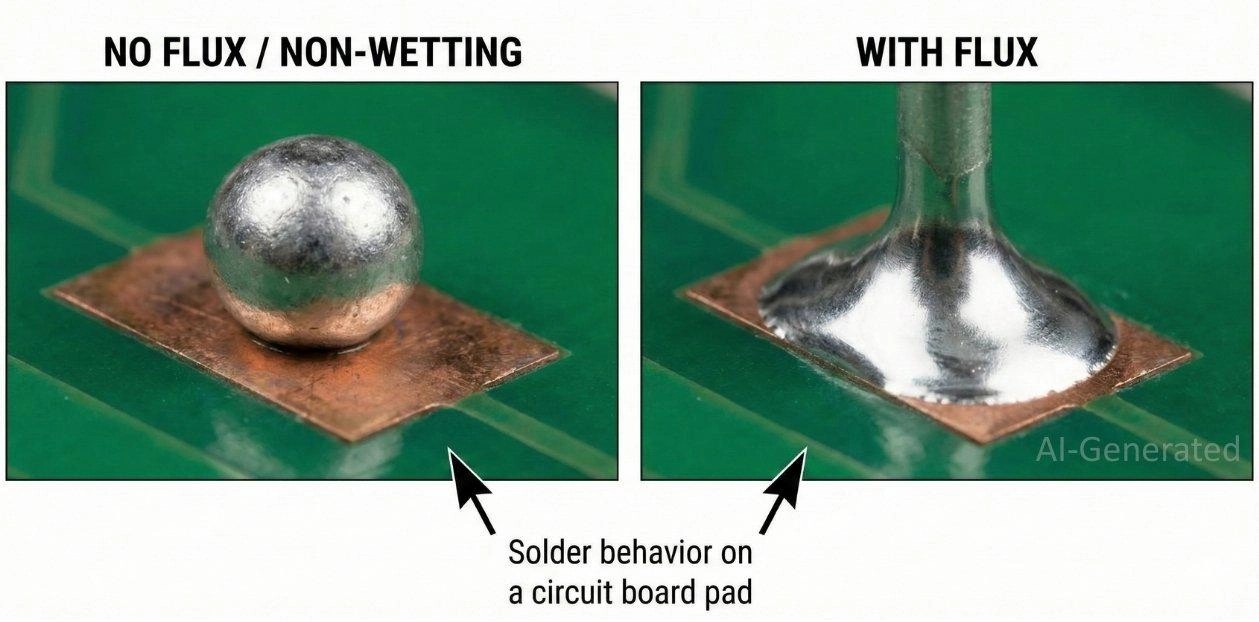 flux enables solder to wet the pad