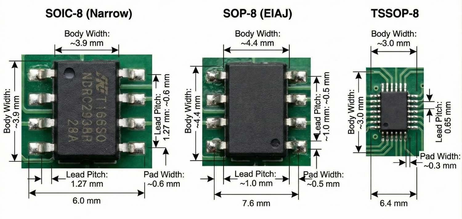 footprints of JEDEC SOIC, EIAJ SOP, and TSSOP packages