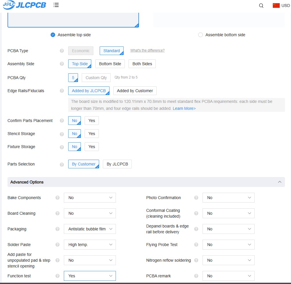 JLCPCB's Advanced options for PCB Assembly