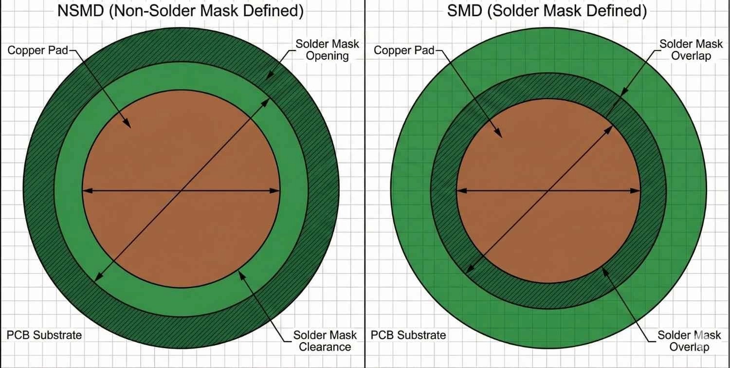 Non-Solder Mask Defined (NSMD) vs Solder Mask Defined (SMD) pad