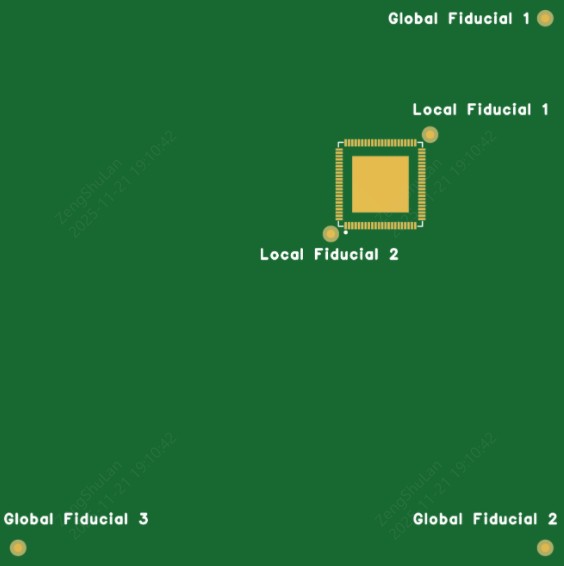PCB design file showing 3 global fiducials and 2 local fiducials