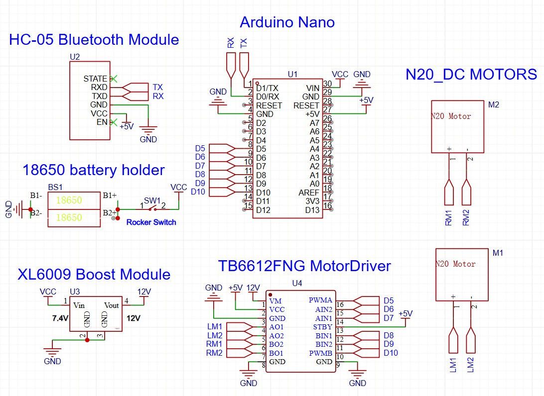 Schematic diagram of Arduino Bluetooth-controlled two-wheel RC car with N20 motors