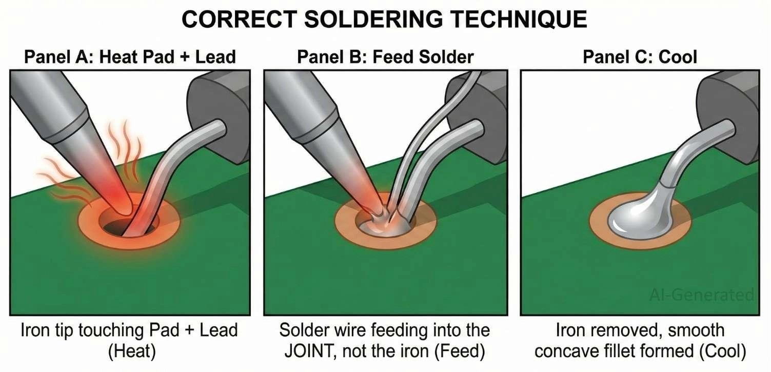 Step-by-step illustration of the correct soldering technique