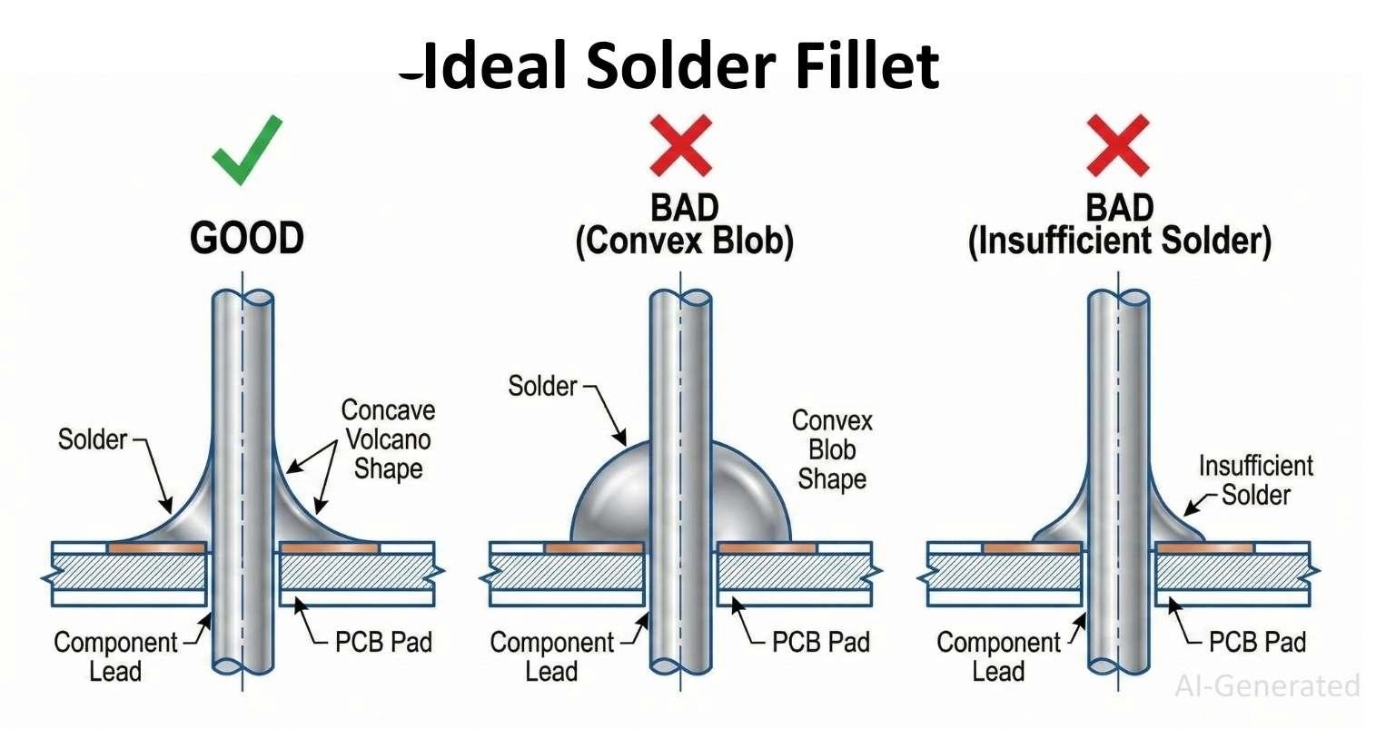 the correct concave fillet shape of a healthy solder joint versus a convex bad joint.