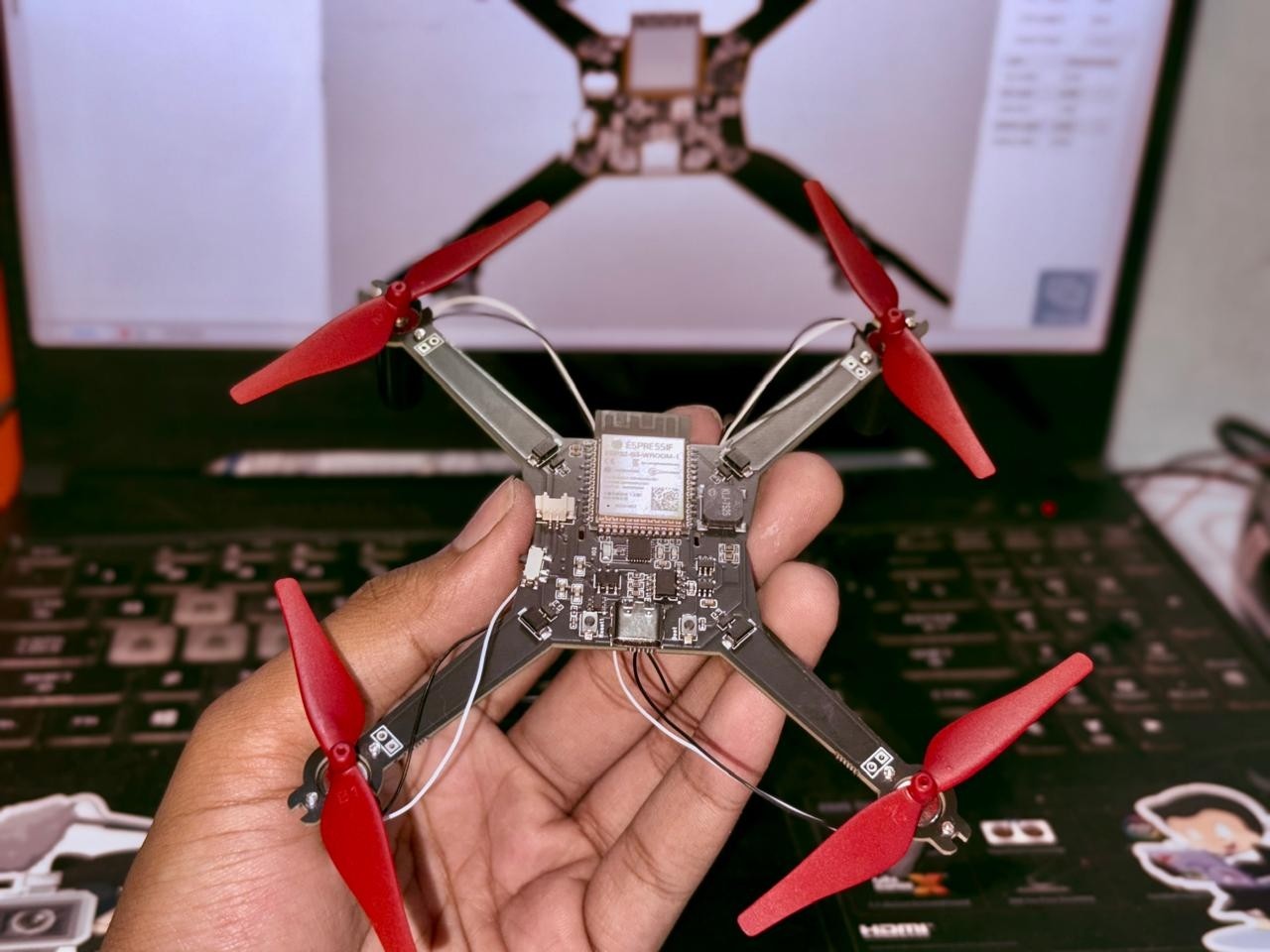 The fully assembled 10x10cm Mini ESP32 drone PCB