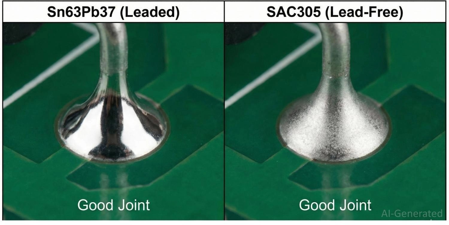 the shiny finish of leaded solder versus the satin finish of lead-free solder joints.