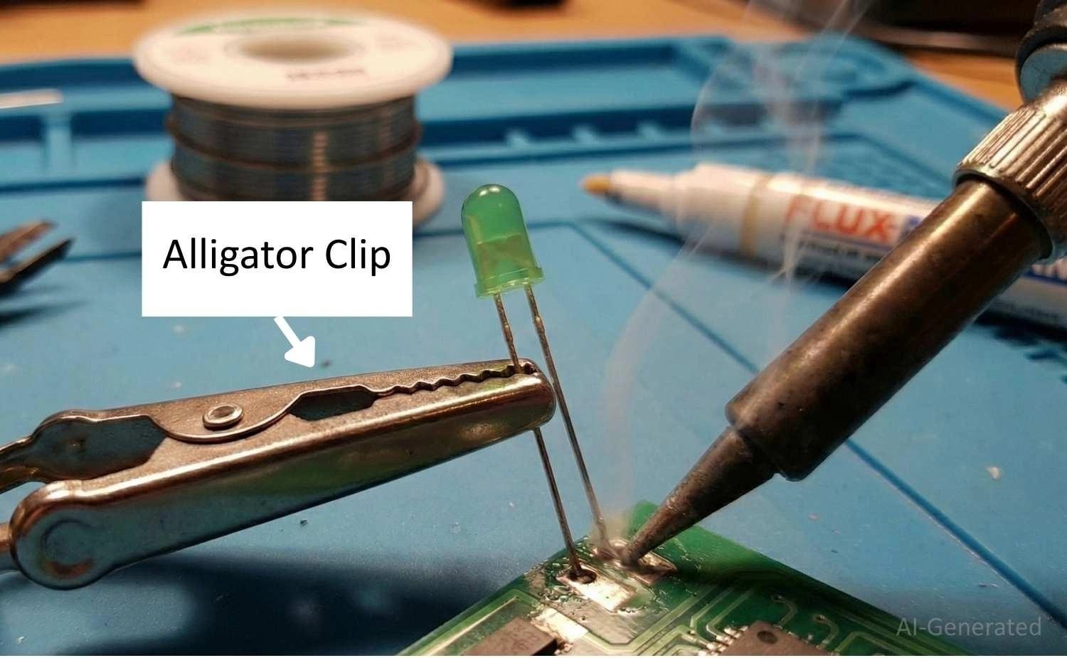 Using a metal alligator clip as a heat sink to protect sensitive electronic components