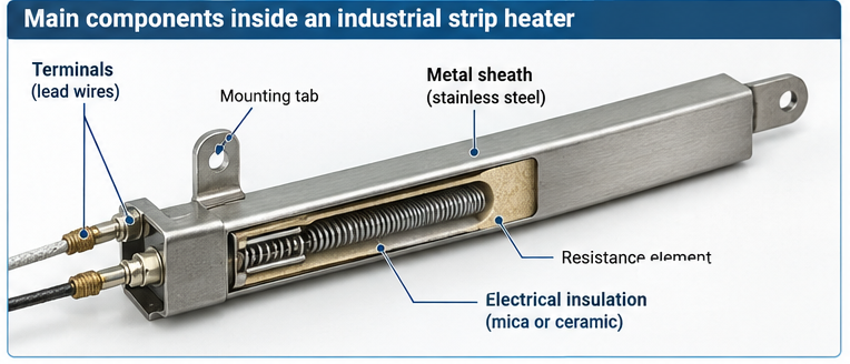 Main components inside an industrial strip heater
