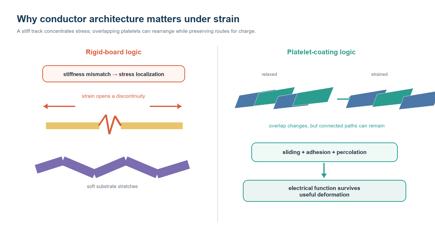 Rigid track cracking and overlapping platelet network under strain