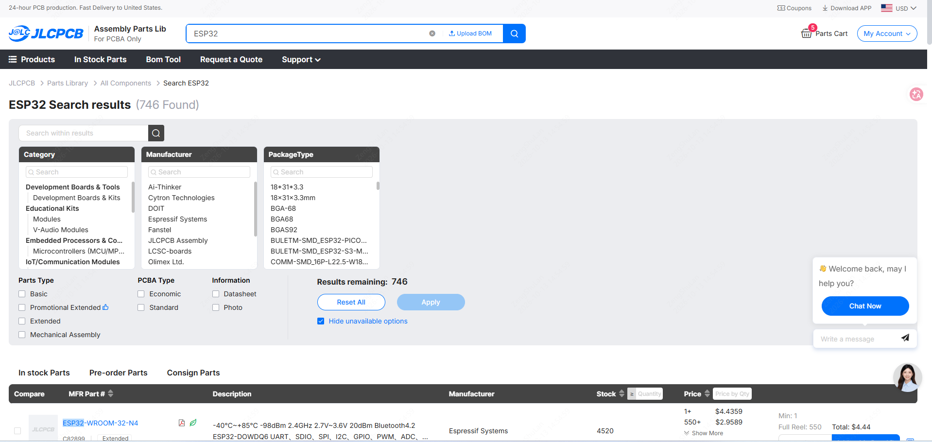 ESP32 Search results on jlcpcb parts library