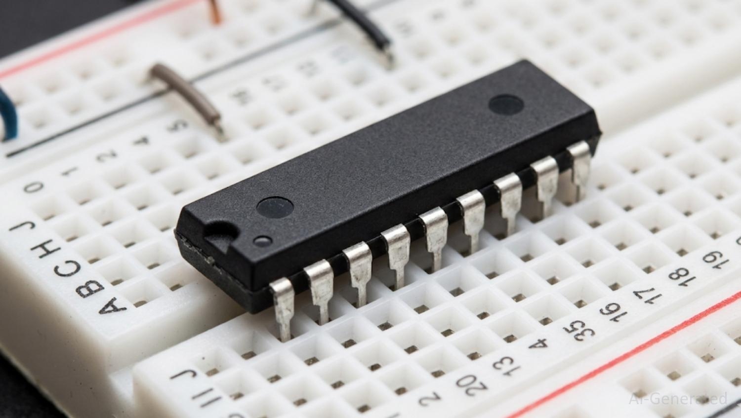 16 pin dip ic package inserted into a prototyping breadboard