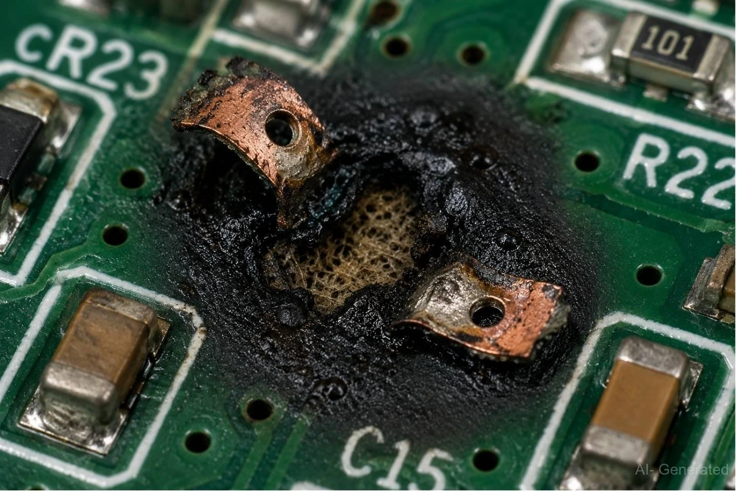 a burnt pcb substrate and lifted copper pads