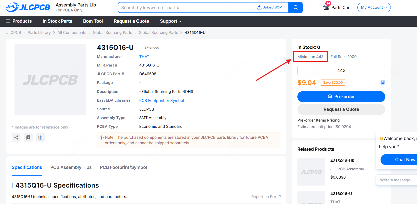 a global sourcing part with a minimum order of 443