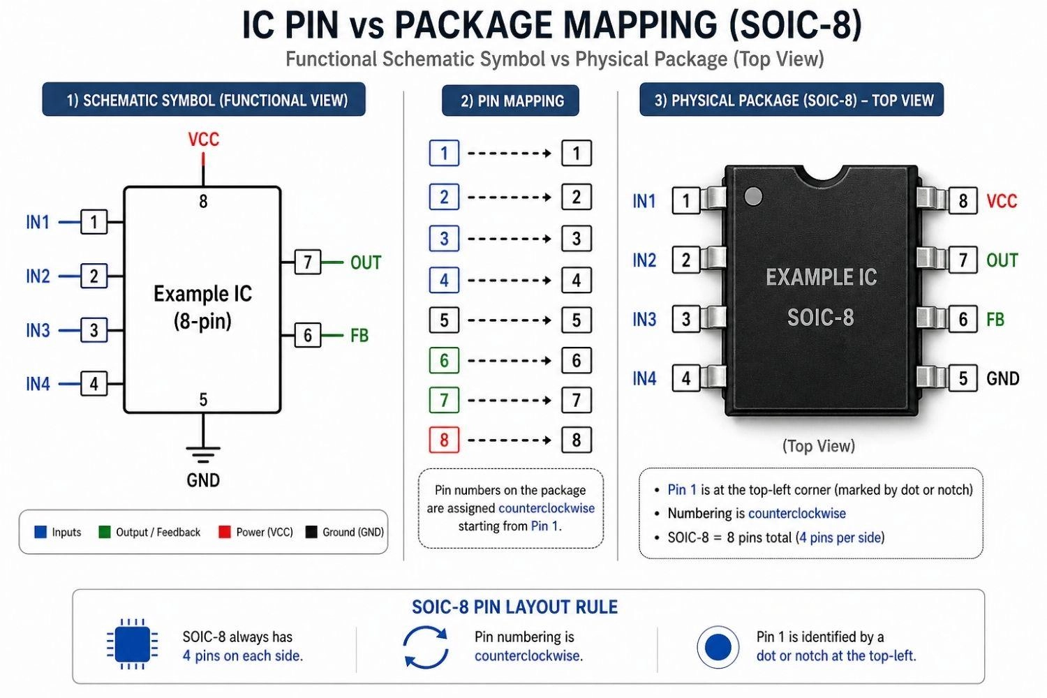 a ic schematic symbol vs a physical ic pin package diagram