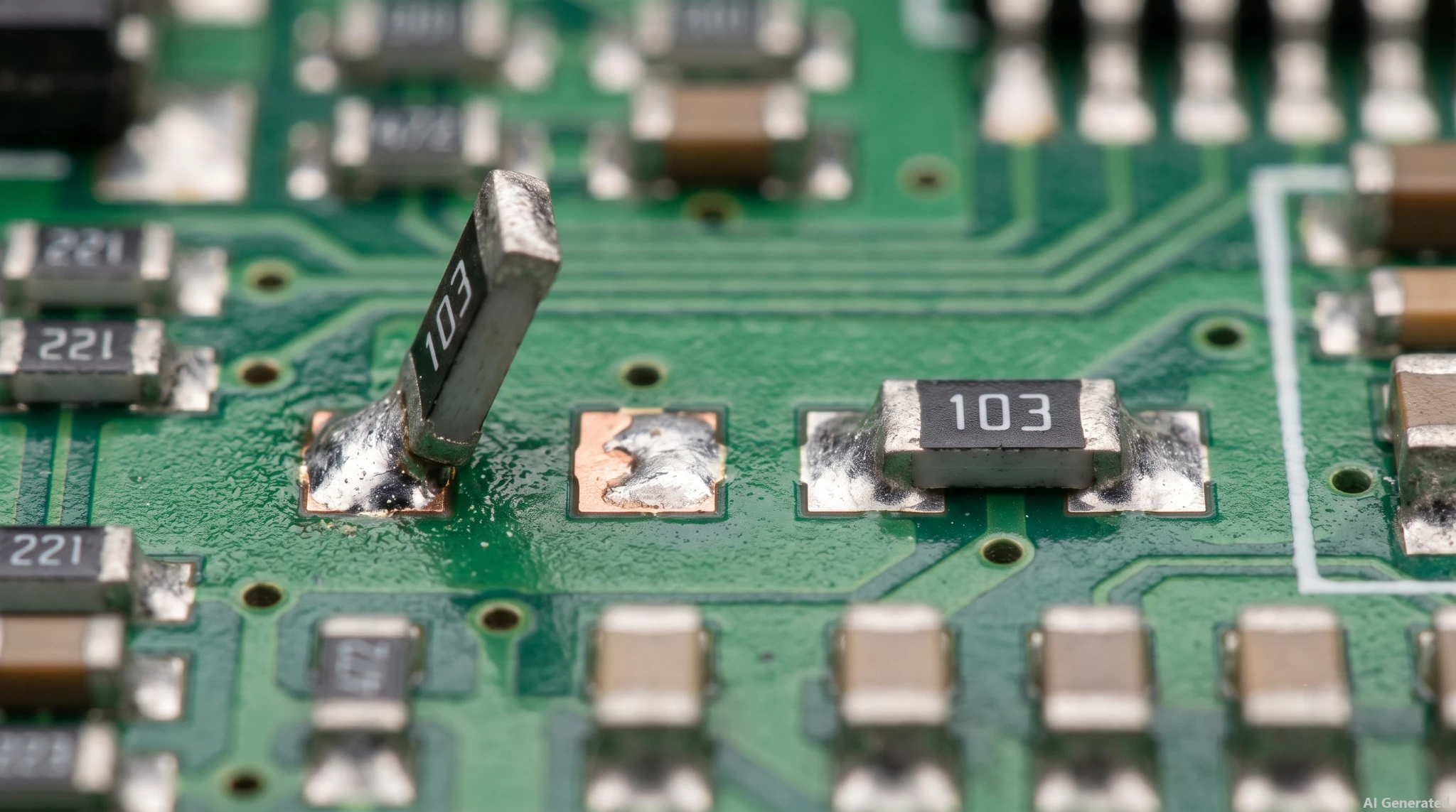 a tombstoned 0402 chip resistor standing vertically