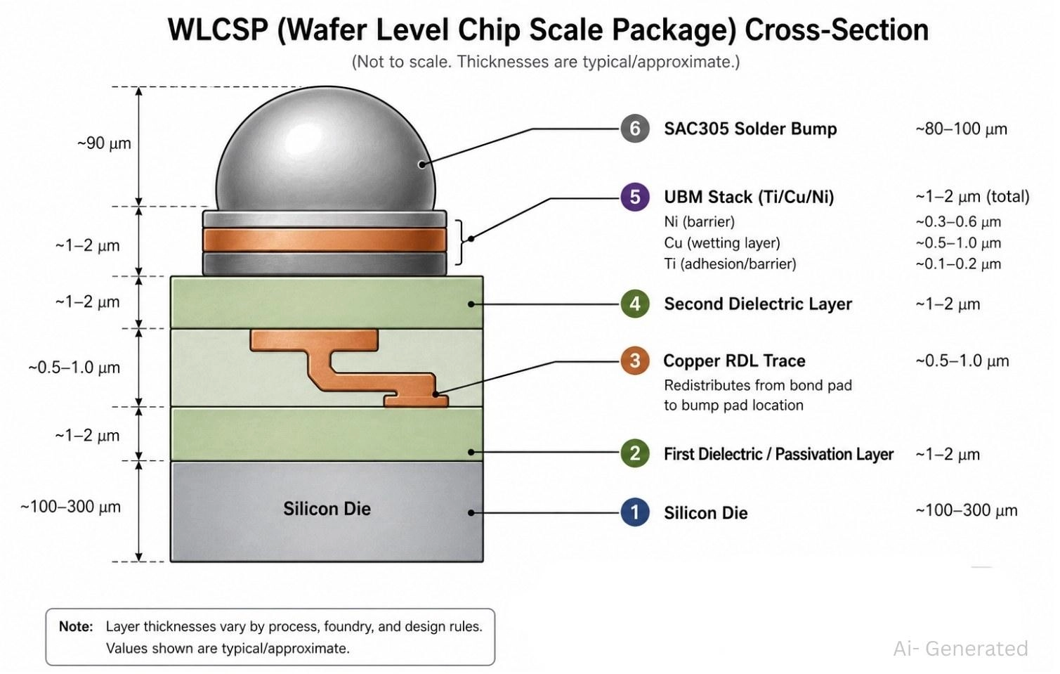 a wlcsp showing internal layers and solder bump