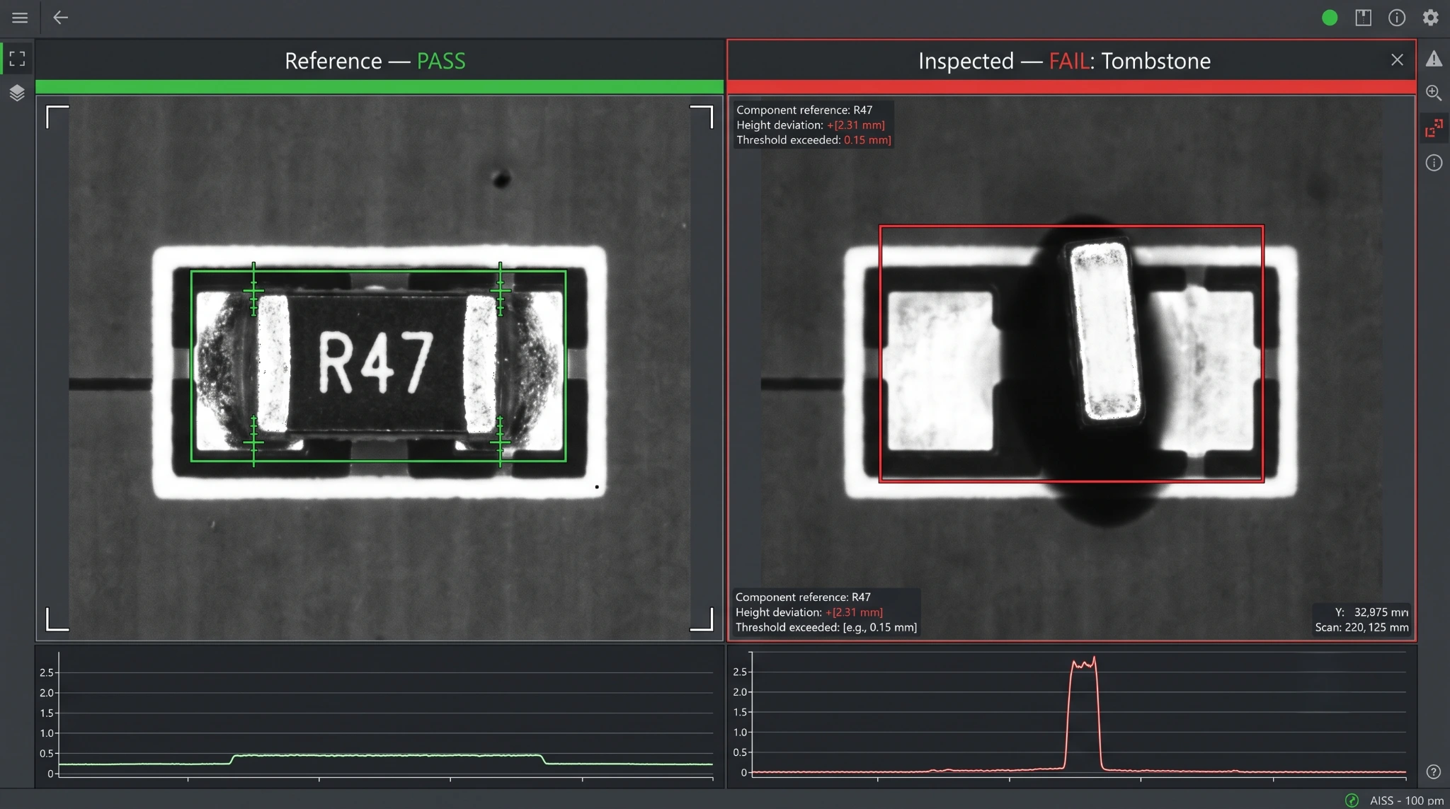 an automated optical inspection view of a tombstoned chip