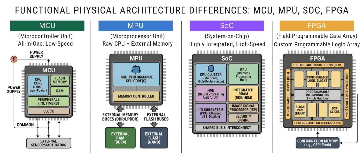architecture differences of mcu mpu soc fpga