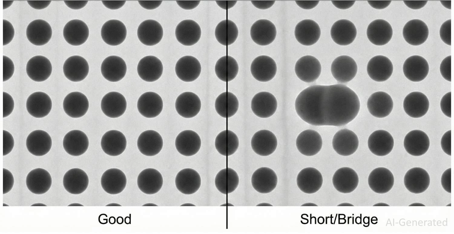bga solder joints showing good connections vs a bridging