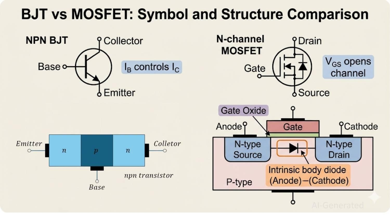 bjt vs mosfet schematic symbols and semiconductor structure