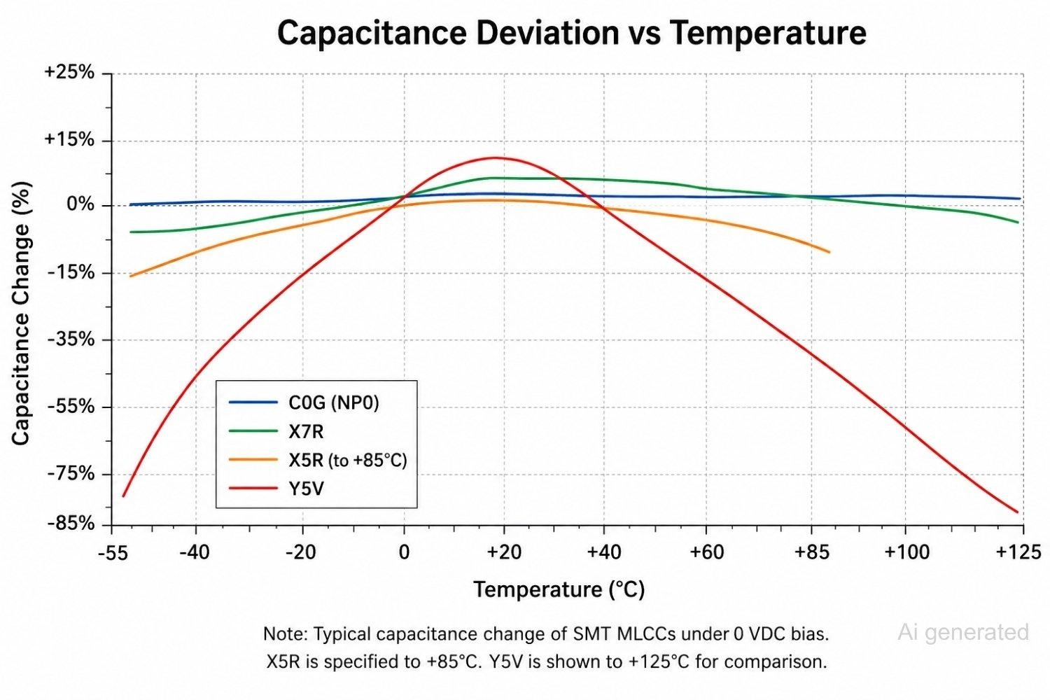 capacitance deviation vs temperature for c0g x7r x5r and y5v
