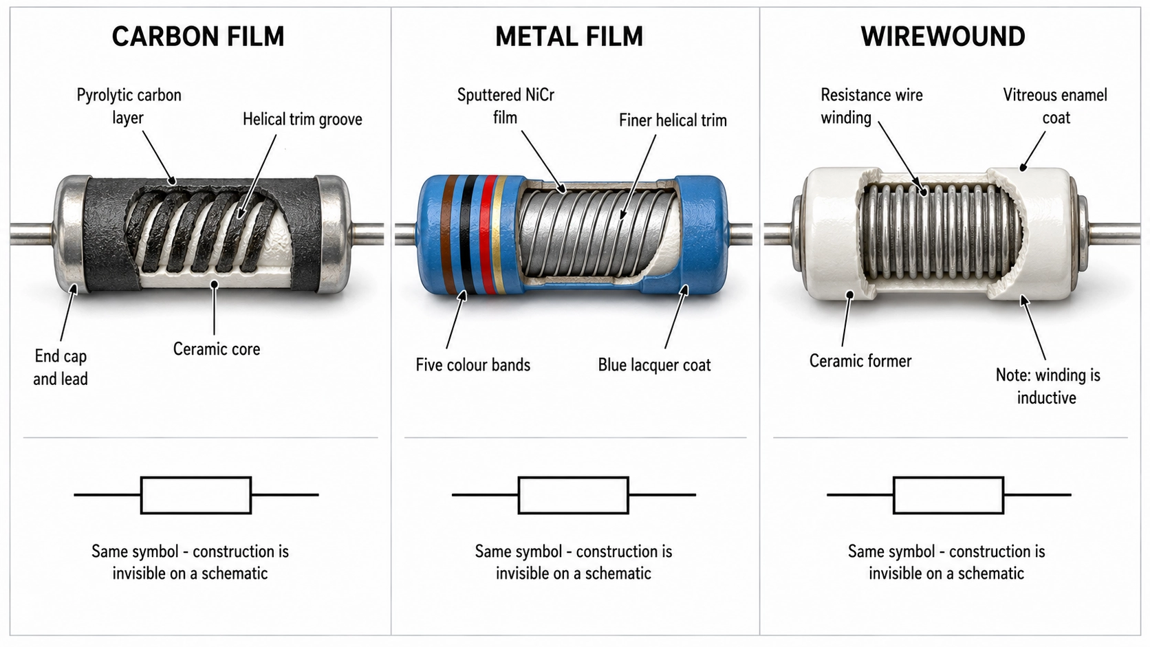 carbon film metal film and wirewound resistor types