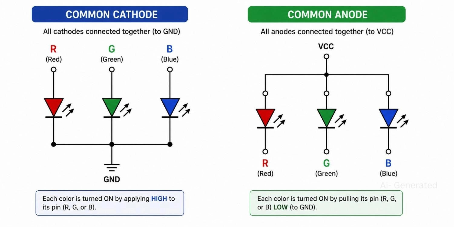 cathode and common anode rgb led wiring configurations