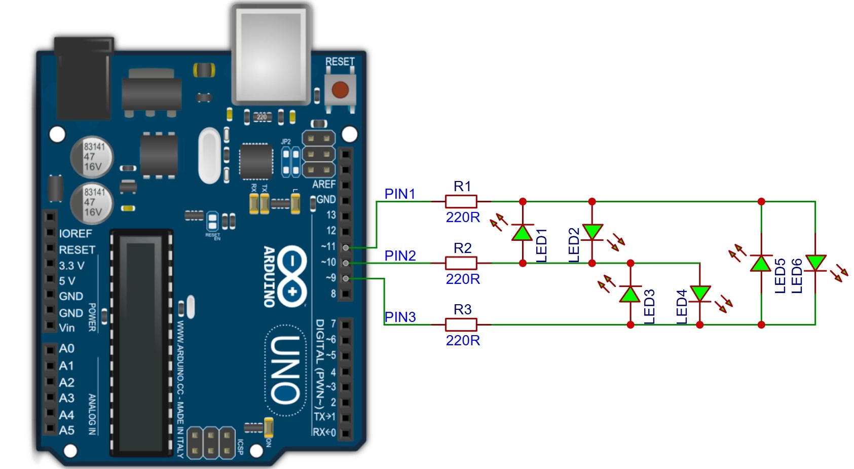 charlieplexing diagram 3 arduino pins controlling 6 leds