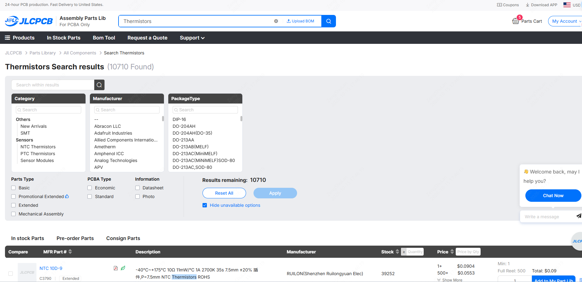 check thermistors in the jlcpcb parts library