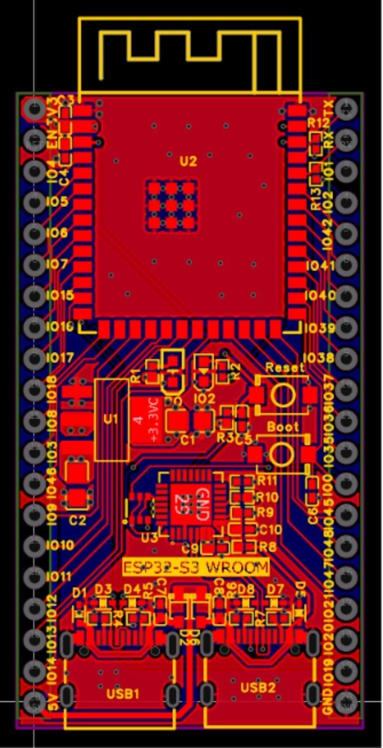 completed esp32 s3 pcb with ground pours and stitching vias