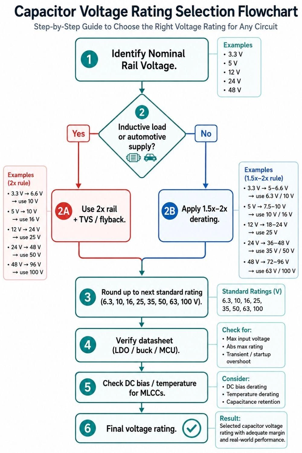 decision flowchart for selecting a capacitor voltage rating
