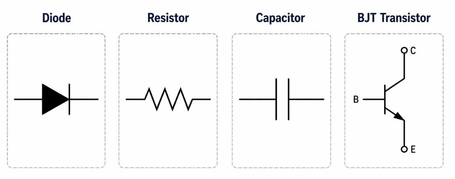 schematic symbols diode resistor capacitor and transistor
