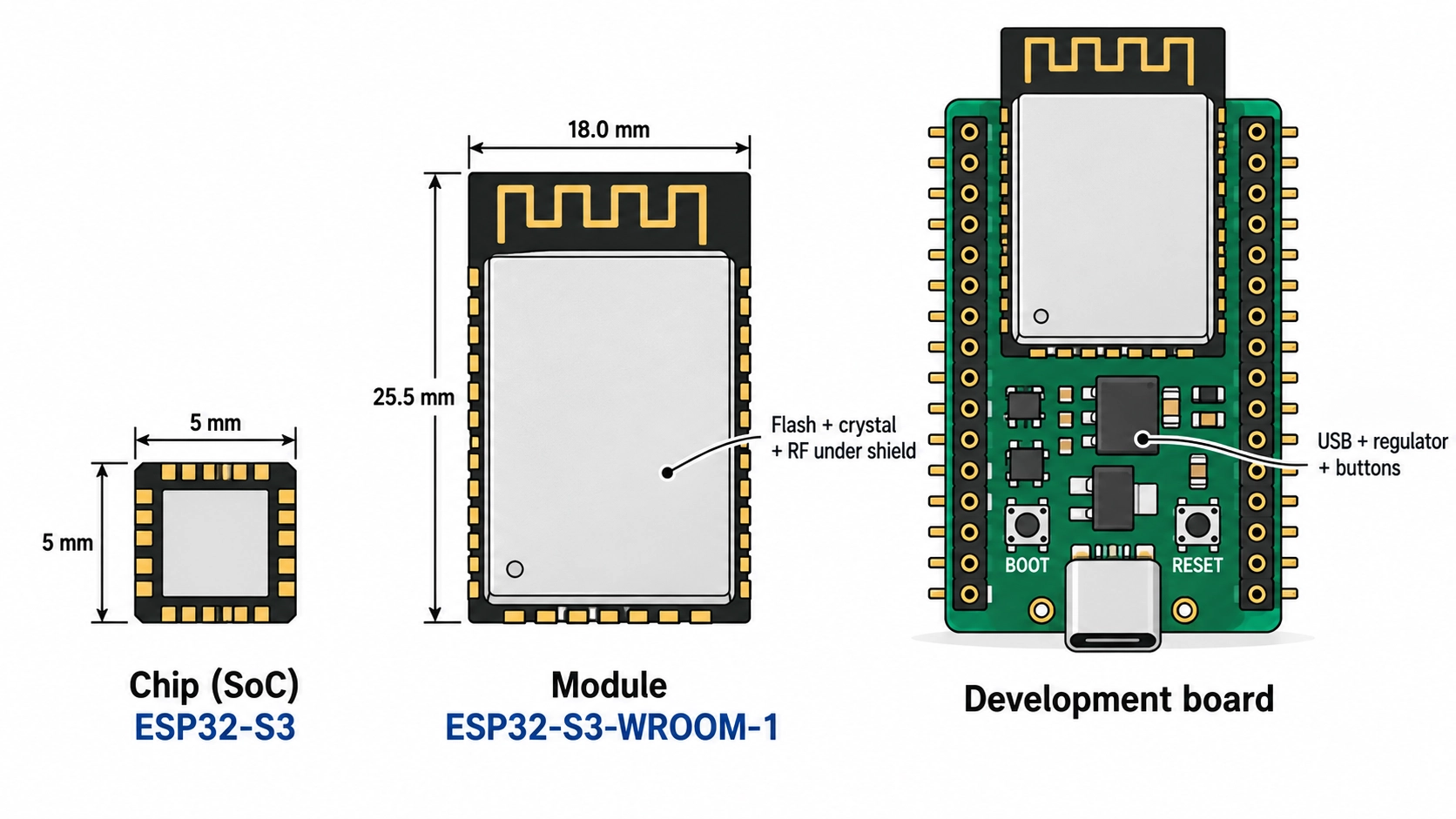 esp32 chip, module, and development board