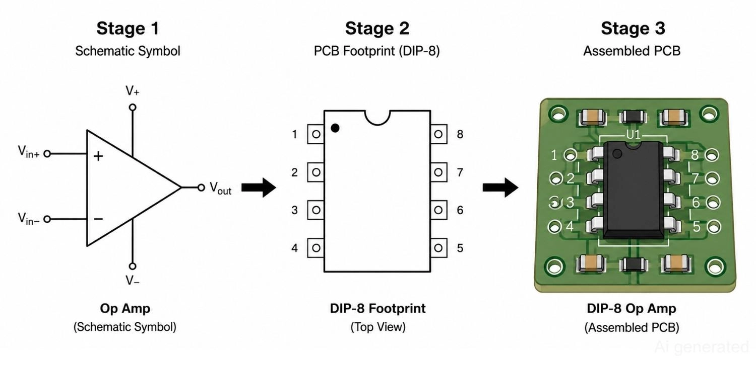 from op amp schematic symbol to pcb footprint