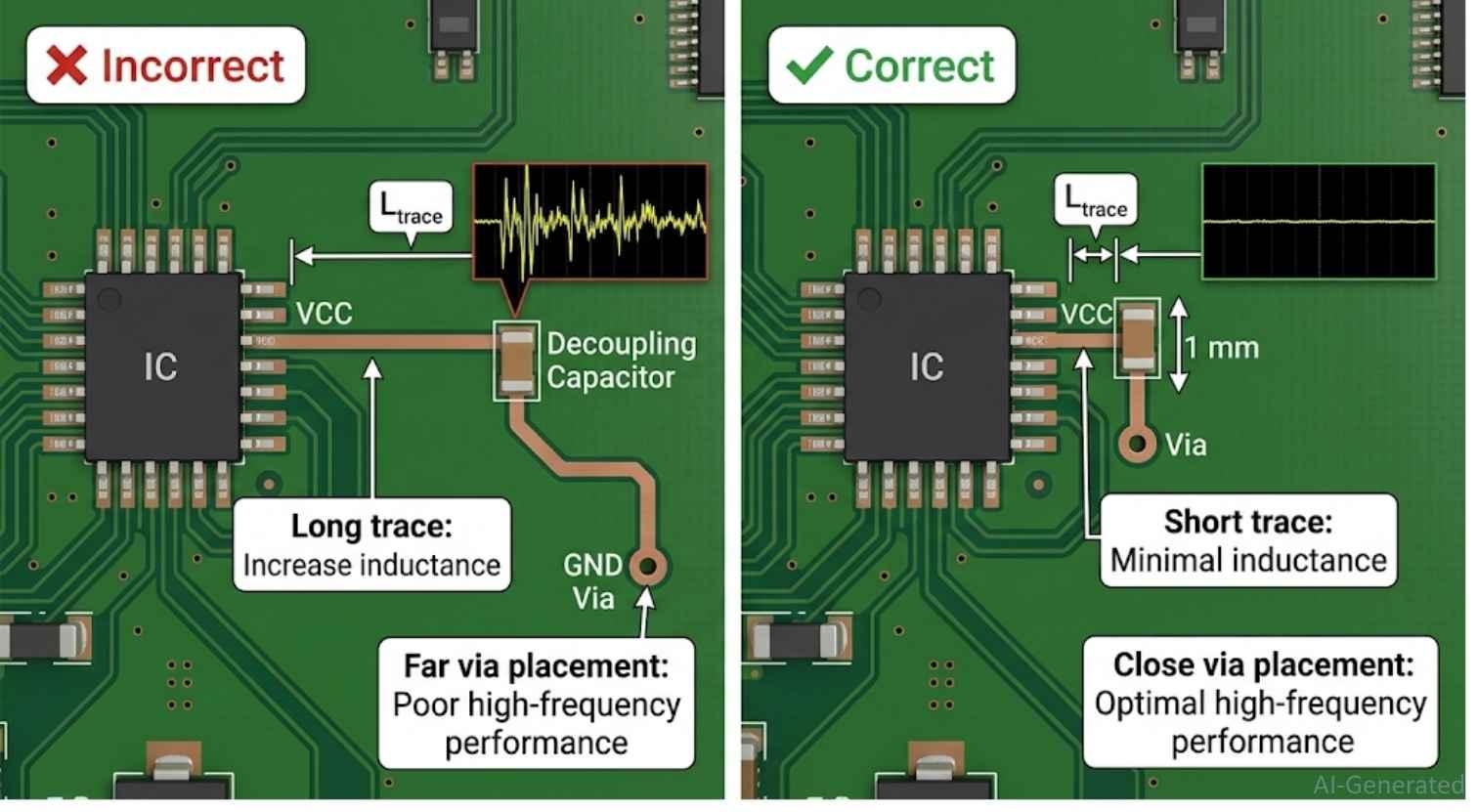 incorrect vs correct decoupling capacitor placement