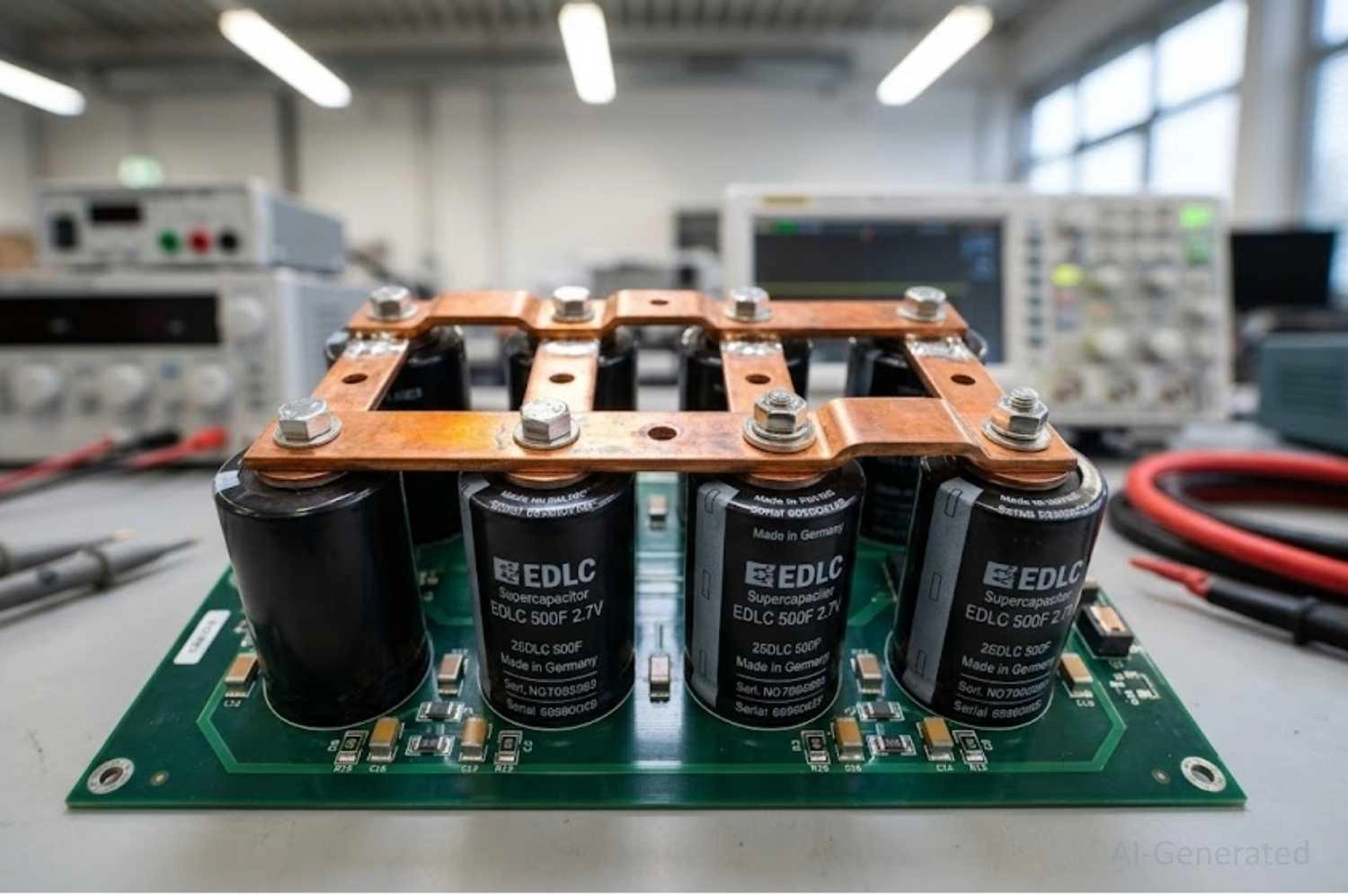 cylindrical supercapacitor modules mounted on a pcb