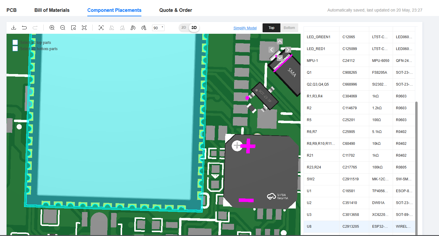 jlcpcb component placement preview & visual dfm