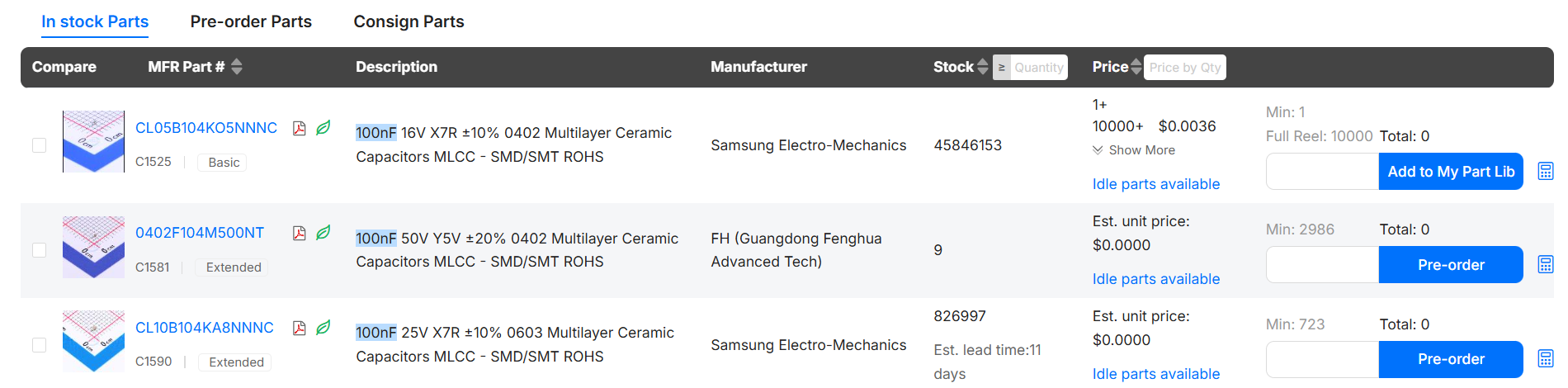 jlcpcb parts library showing capacitor types available
