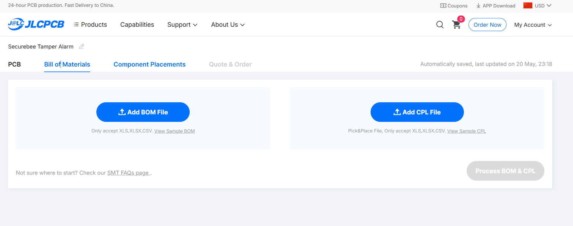 jlcpcb upload bom and cpl files